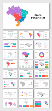 A pack of brazil slides showcasing colorful maps and charts, covering key statistics and regions of Brazil.