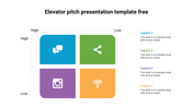 Colourful elevator pitch template with a matrix, showing chat, sharing, Instagram, and wi-fi icons with caption areas.