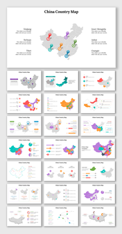 Set of slides showcasing maps of china with highlighted regions and data points with text descriptions.