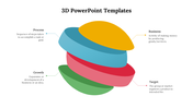 3D animated slides with colorful layered sphere diagrams illustrating process, growth, target, and business elements.