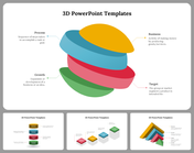 3D animated slides with colorful layered sphere diagrams illustrating process, growth, target, and business elements.