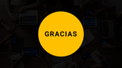 Thank you slide in Spanish, featuring text in black letters on a bright yellow circle over a dark workplace scene.