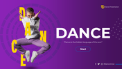 Dance presentation slides featuring a dancer  on a purple background, with smaller slides below discussing dance topics.