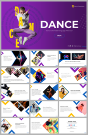 Dance presentation slides featuring a dancer  on a purple background, with smaller slides below discussing dance topics.