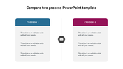 Comparison slide showing two processes, each in a colored box, with space for text area with an icon at the center.