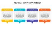 Four-stage plan design with four vertical boxes in yellow, blue, purple, and orange, each showing placeholder text.