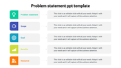 Slide featuring a problem statement template with five labeled sections, each highlighted with colored icons and text area.