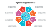 Digital india slide featuring a colorful circular diagram with government platforms and placeholder text.