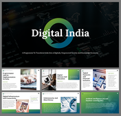 Digital India presentation cover slide deck below highlighting topics like e-governance, digital literacy, and AI.