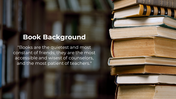 Stack of books on a blurred library shelves background with a quote in white text.