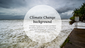 Climate change slide pack with central white circle with text and images of stormy skies, sea levels, snow, and foliage.