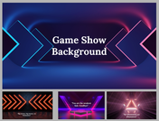 Dynamic game show slides featuring bold colors and futuristic design elements with neon effects with text area.