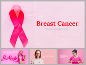 Pink-themed slide deck breast cancer awareness slide featuring a large ribbon and  photos of people advocating for awareness.