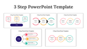 Overview of multiple 3-step slide designs, each displaying with diverse layouts and color themes with icons and text area.