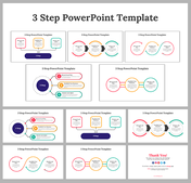 Overview of multiple 3-step slide designs, each displaying with diverse layouts and color themes with icons and text area.