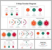 Set of slides featuring 3 step circular flow diagrams in different color schemes with text placeholders and icons.