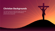 Collection of Christian background slides featuring a cross on a hill at sunset and various religious symbols and quotes.