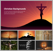 Collection of Christian background slides featuring a cross on a hill at sunset and various religious symbols and quotes.