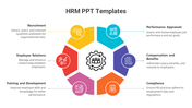 Hexagonal diagram with six sections in bright colors, each representing HRM aspects surrounding a central gear icon.