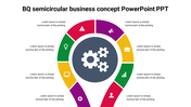 Semicircular infographic with a central gear icon and multicolored sections, each containing a different business icon.