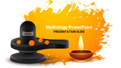 Mythology slide featuring a black Shiva Lingam with orange flowers and a lit diya lamp on a vibrant orange background.