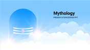 Mythology presentation cover slide with a blue gradient background and clouds, featuring a symbol glowing in the sky.