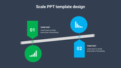 Horizontal scale graphic with weighted green and blue elements placed in a dark background.