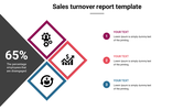 Sales turnover report slide with three icons in diamond shapes on the left and three numbered placeholders text areas.