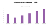 Bar chart slide illustrating sales turnover report across six violet categories, showcasing varying levels of turnover.