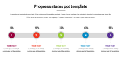 Horizontal progress bar with five circular milestones in pink, red, green, blue, and purple, each showing percentages.