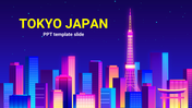 Tokyo skyline illustration with colorful pink gradient buildings under a blue starry night sky.