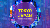 Tokyo city at night with colorful neon signs, overlaid by a purple circle with bold yellow text in the center.