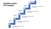 Escalation matrix slide with a blue staircase-like design with numbered levels labeled A to E, with placeholder area.