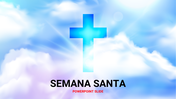 Semana santa slide with a glowing blue cross in the center against a cloudy sky background with soft light rays.