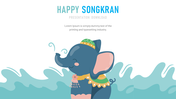 An illustrated blue elephant with traditional decorations, standing in stylized water waves, celebrating Songkran.