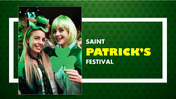 Saint Patrick's festival slide featuring two women holding shamrock cutouts against a green themed background.