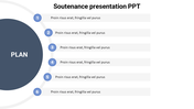 Soutenance slide with a plan section on the left and six numbered steps aligned on the right.