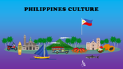 Slide with Philippine culture with icons like church, jeepney, Mount Mayon, seafood, tropical fruits, and the national flag.