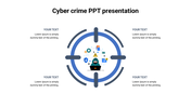 Cybercrime slide with a target crosshair focusing on a hacker icon surrounded by various technology related icons and text.