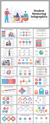 Slide deck with colorful infographics on student mentoring, featuring icons, charts, and diagrams in pastel tones.