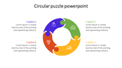 Circular puzzle PowerPoint infographic with four segments: blue, green, yellow, and red (Caption 4), each with an icon.