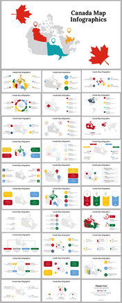 Canada map infographic set with multiple slide layouts, showcasing data visuals, regional highlights, and colorful markers.