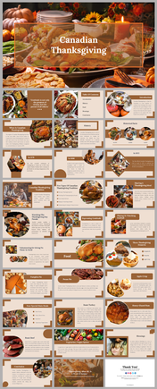 Thanksgiving slide deck featuring various food and tradition images in circular and rectangular frames, with brown tones.