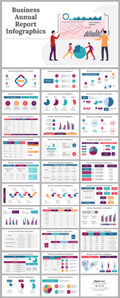 Business annual report infographic with various data visualization slides for financial and performance analysis.