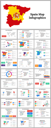 Slide deck showcasing Spain map infographics with colorful regions, charts, and data visualizations on white background.