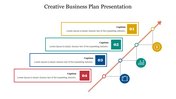 Creative business plan presentation with four caption boxes, numbered 01 to 04, aligned along an upward arrow with business icons