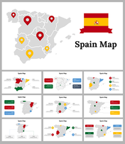 Slide deck featuring Spain map in grey with colorful markers includes flag and region specific data.