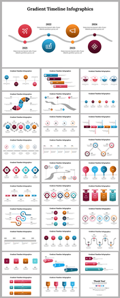 Infographic with a wavy timeline slide deck from 2021 to 2024, each year marked with a gradient icon symbolizing activities.