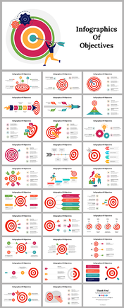 Infographic-themed  slide deck focusing on goals and objectives, with colorful targets and arrows across multiple slides.