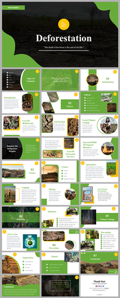 Deforestation-themed slide deck with dark forest background, yellow icon of a chainsaw, and green abstract border design.